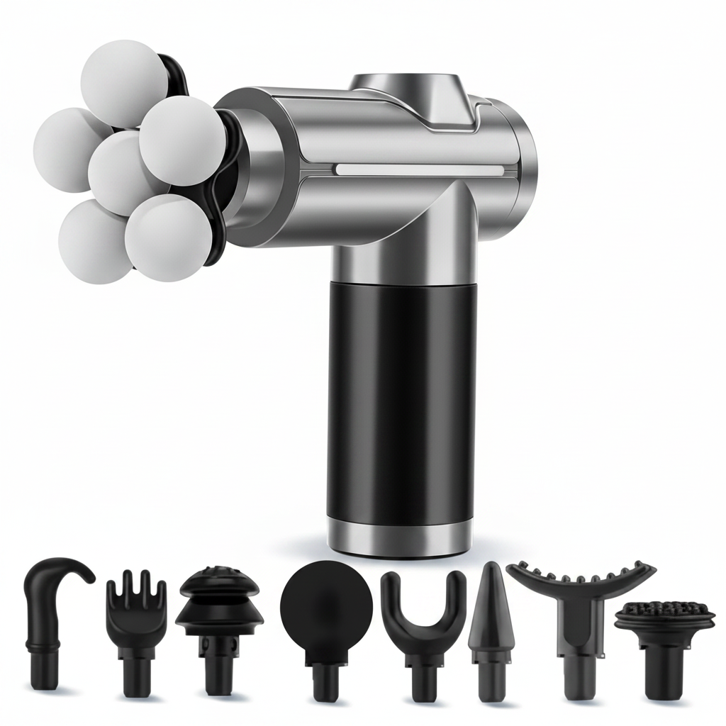 Silver Deep Tissue Massager with 8 attachment heads — white background