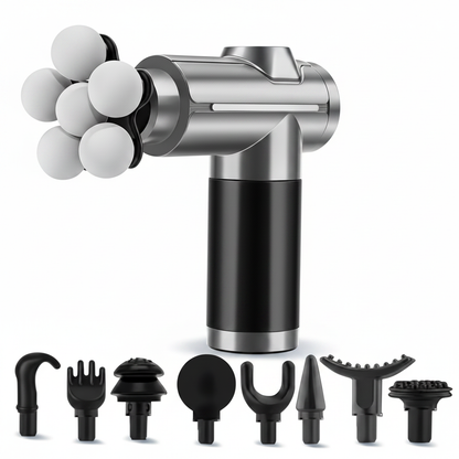 Silver Deep Tissue Massager with 8 attachment heads — white background
