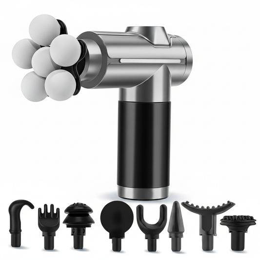 Silver Deep Tissue Massager with 8 attachment heads — white background
