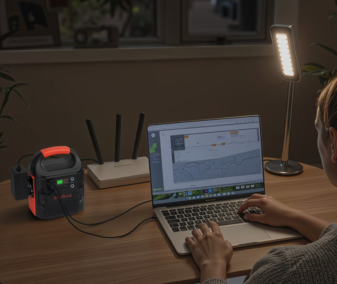 WayRock portable power station powering a laptop, router and LED desk lamp during a power outage