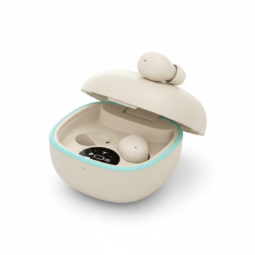 Ultra Small Wireless Earphones in beige with charging case open showing digital battery display — white background
