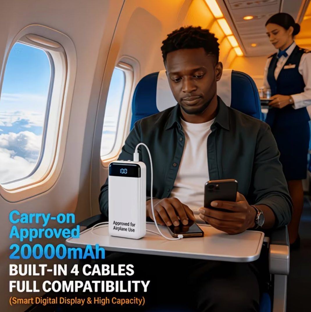 BezosMax 20000mAh power bank - carry-on approved, 4 built-in cables, full compatibility