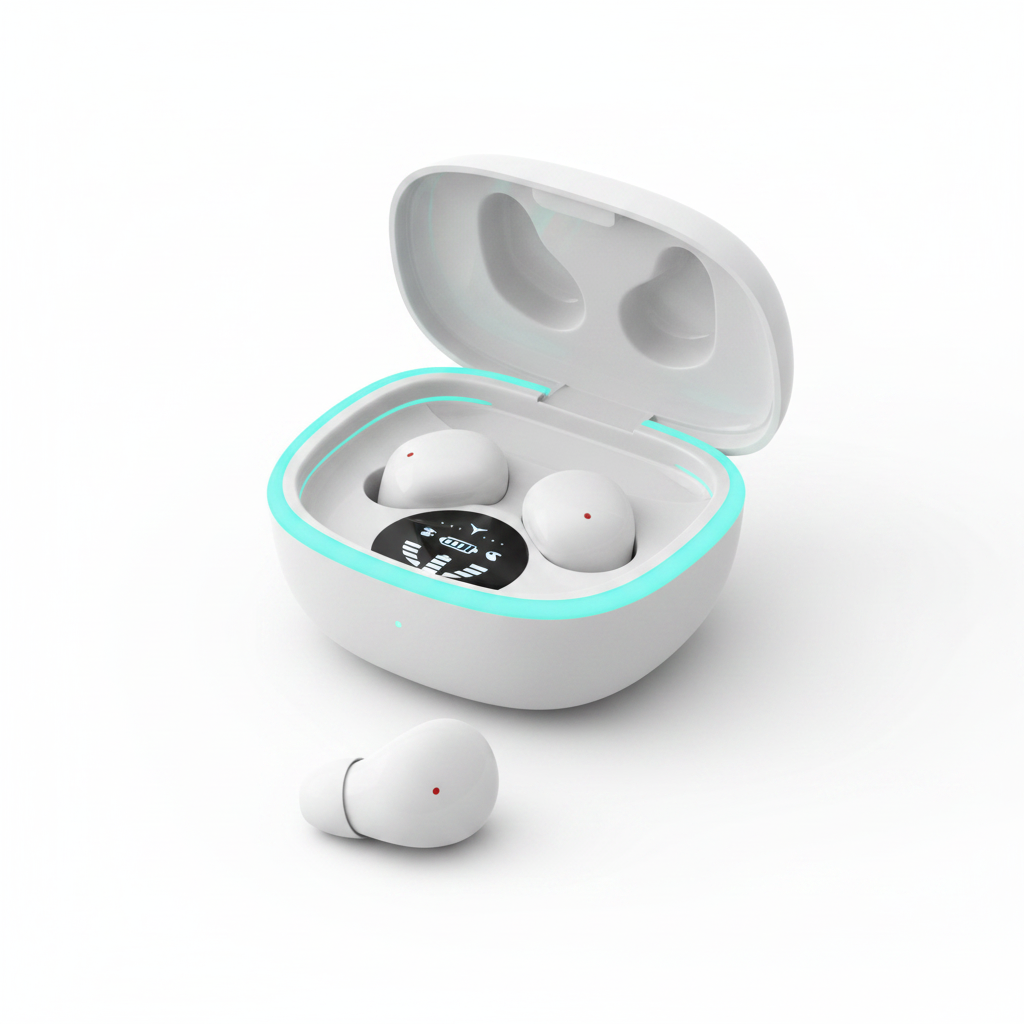 Ultra small wireless earphones - white colourway with charging case and teal LED accent