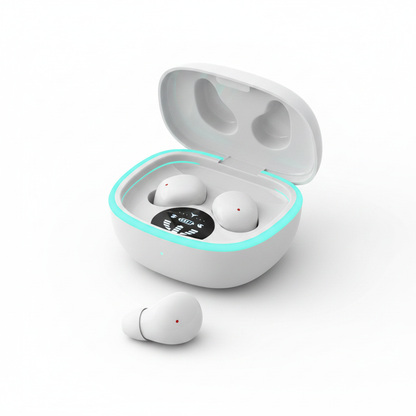 Ultra small wireless earphones - white colourway with charging case and teal LED accent
