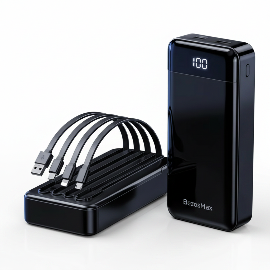 BezosMax 20000mAh black power bank with 4 built-in cables on white background