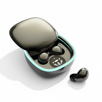 Ultra small wireless earphones - black colourway with charging case and teal LED accent