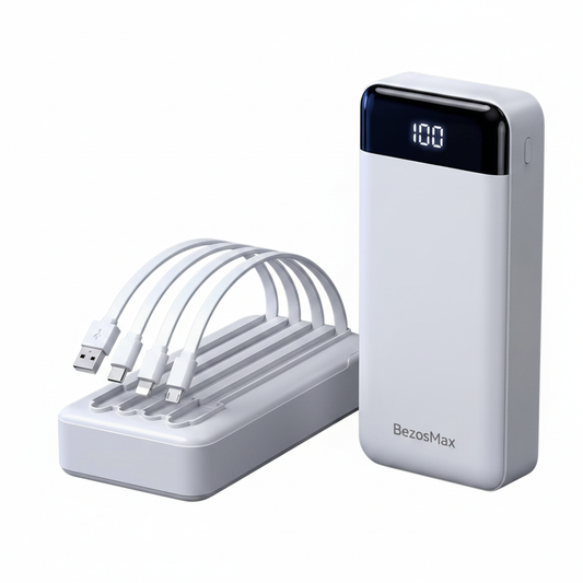 BezosMax 20000mAh white power bank with 4 built-in cables on white background
