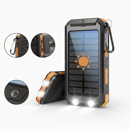 10000mAh rugged solar power bank premium product shot - orange and black with carabiner and LED flashlight