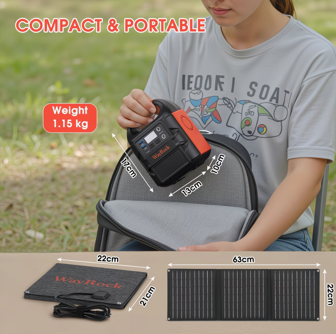 WayRock portable power station dimensions - 17cm x 13cm x 10cm, weight 1.15kg, with foldable solar panel 63cm x 22cm