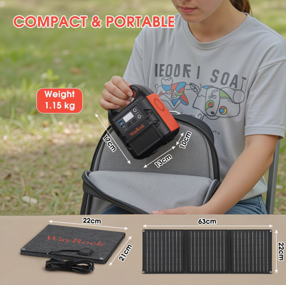 WayRock portable power station dimensions - 17cm x 13cm x 10cm, weight 1.15kg, with foldable solar panel 63cm x 22cm