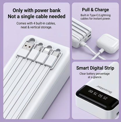 BezosMax power bank with 4 built-in cables - pull and charge, smart digital strip display