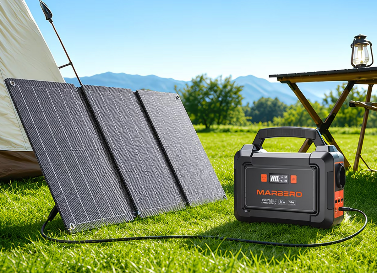 Marbero Portable Power Station with solar panel set up outdoors at a campsite with tent, grass and wooden table