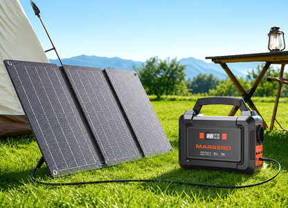 Marbero Portable Power Station with solar panel set up outdoors at a campsite with tent, grass and wooden table