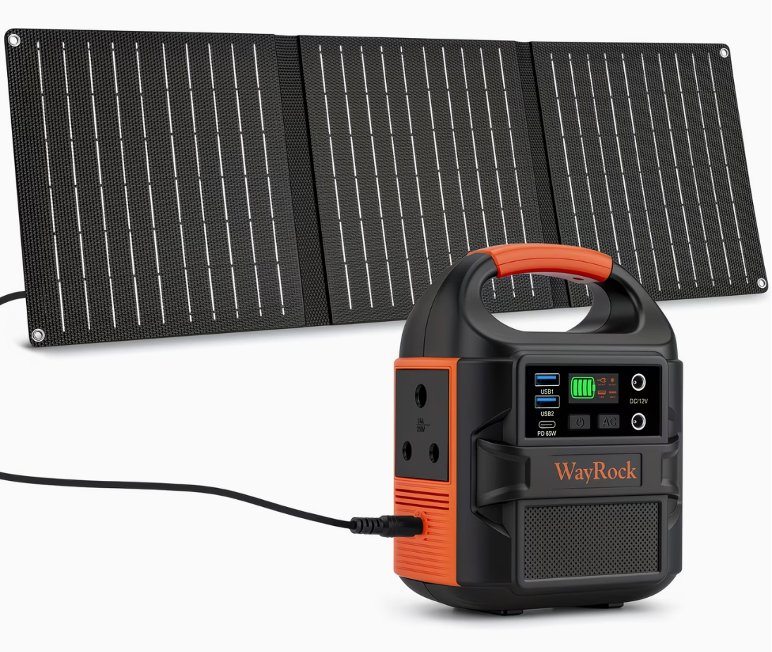 WayRock portable power station with foldable solar panel - full kit on white background