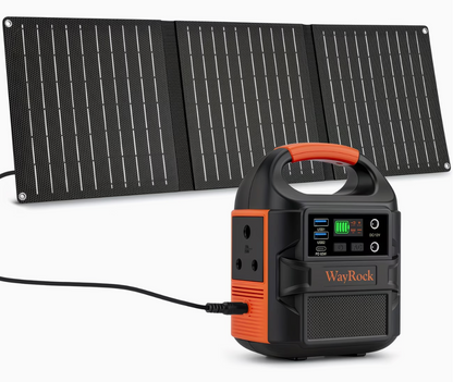 WayRock portable power station with foldable solar panel - full kit on white background